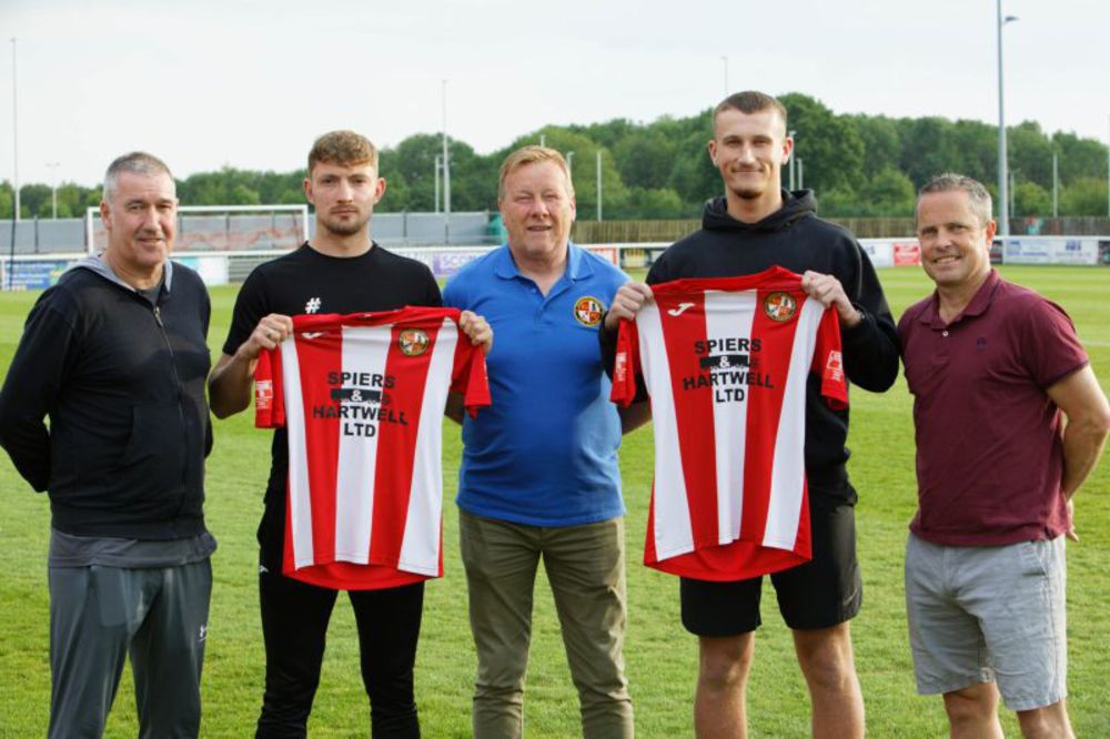 (Photo: Levi Steele and Toby Raison with manager Mike Ford, assistant manager Alex Sykes and vice chairman Ged Bearcroft)