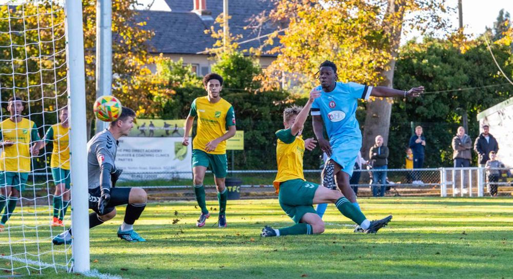 Peter Else brilliantly captures a goal in the tie between Hitchin and Redditch