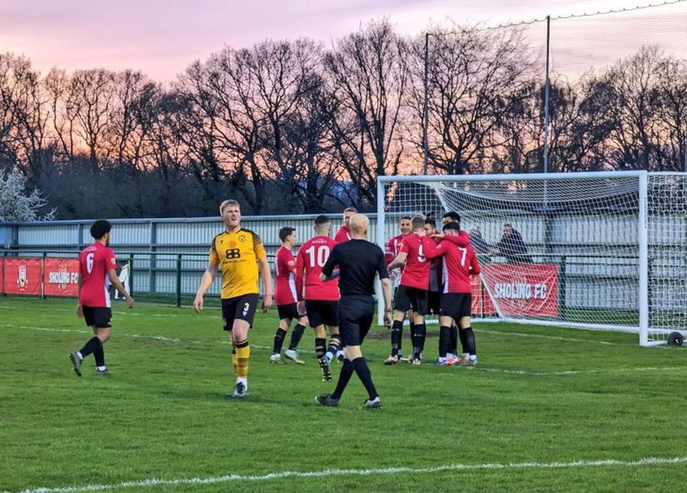 Sholing celebrate scoring against Bashley (Jaz Photography)
