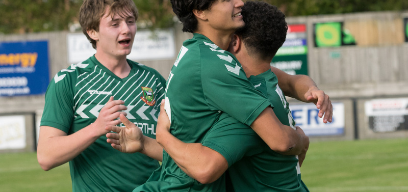 Liam Brooks celebrates his decisive equaliser for Hendon in their opening fixture away to Salisbury 