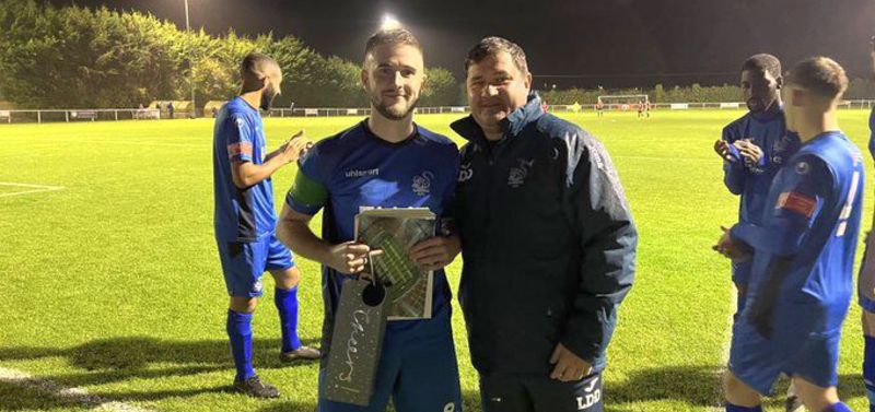 Slimbridge`s Jamie Martin receives a momento to mark his 350th appearances