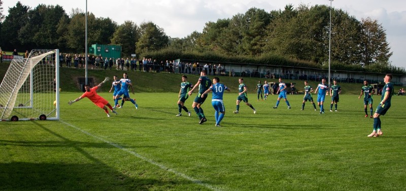 Lewis Powell scores Larks first Trophy goal of the season at Slimbridge in October (Photo: Liz Bugg)