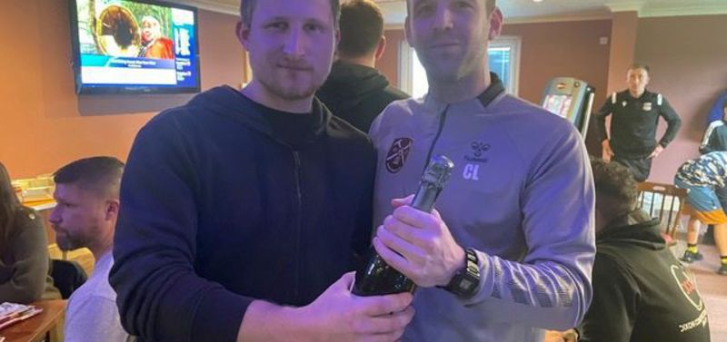  Paulton Rovers` Joe Morgan was sponsors Eighty Nine Clothing man of the match on Boxing Day in the 3-1 win over Bristol Manor Farm. He is pictured with manager Craig Loxton (in grey) (Photo: Tony Walsh)