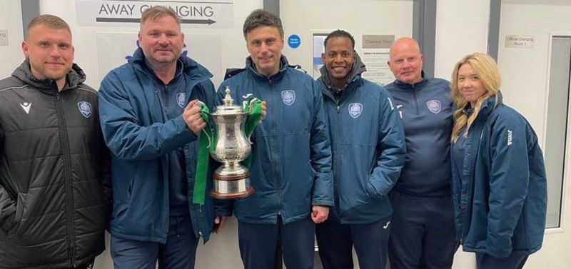 Gavin Macpherson and his staff after winning the Surrey Senior Cup